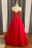 Red Lace Tulle Sweetheart A Line Prom Dresses