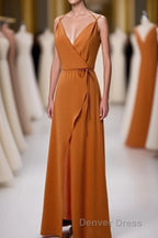 Burnt Orange Spaghetti Straps Long Bridesmaid Dresses with Slit
