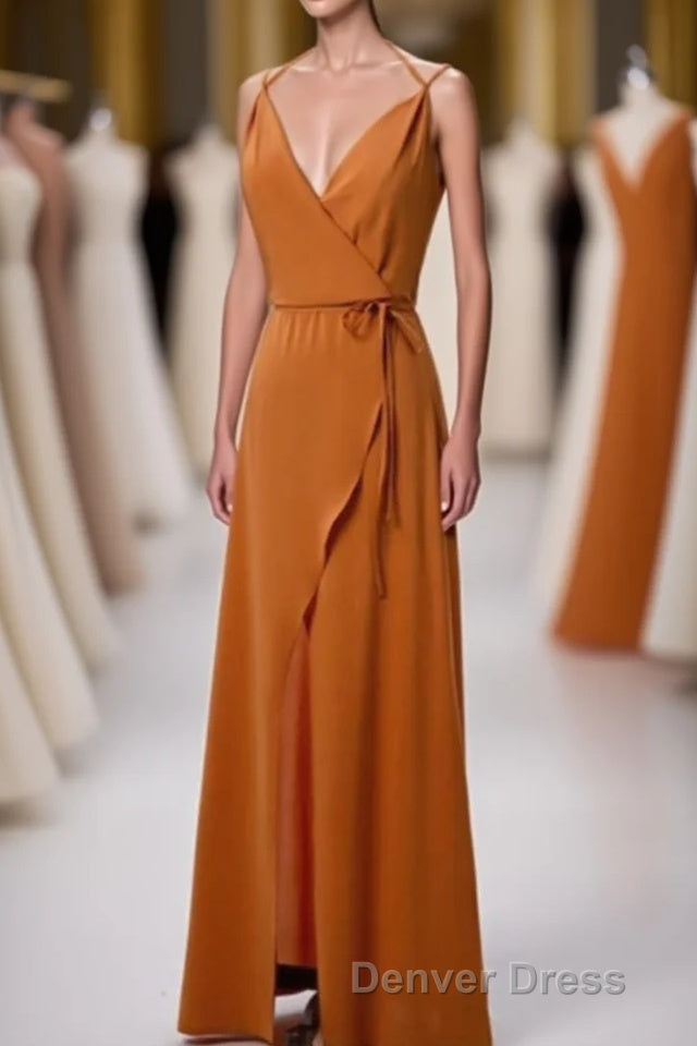 Burnt Orange Spaghetti Straps Long Bridesmaid Dresses with Slit