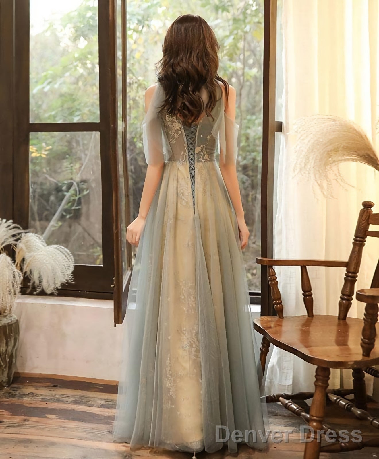 Green Tulle Hight Neck Tulle Lace Long Prom Dress Tulle Formal Dress