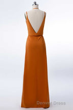 Burnt Orange Spaghetti Straps Long Bridesmaid Dresses with Slit