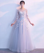 Gray Round Neck Tulle Lace Applique Long Prom Dress Gray Prom Dresses