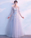 Gray Round Neck Tulle Lace Applique Long Prom Dress Gray Prom Dresses
