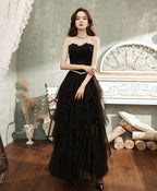 Black Tulle Long Prom Dress, Black Tulle Prom Dresses