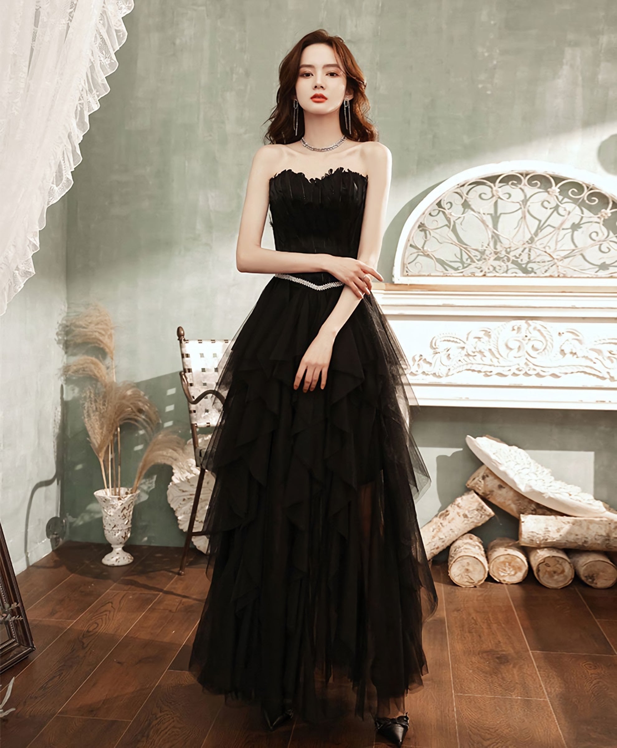 Black Tulle Long Prom Dress, Black Tulle Prom Dresses