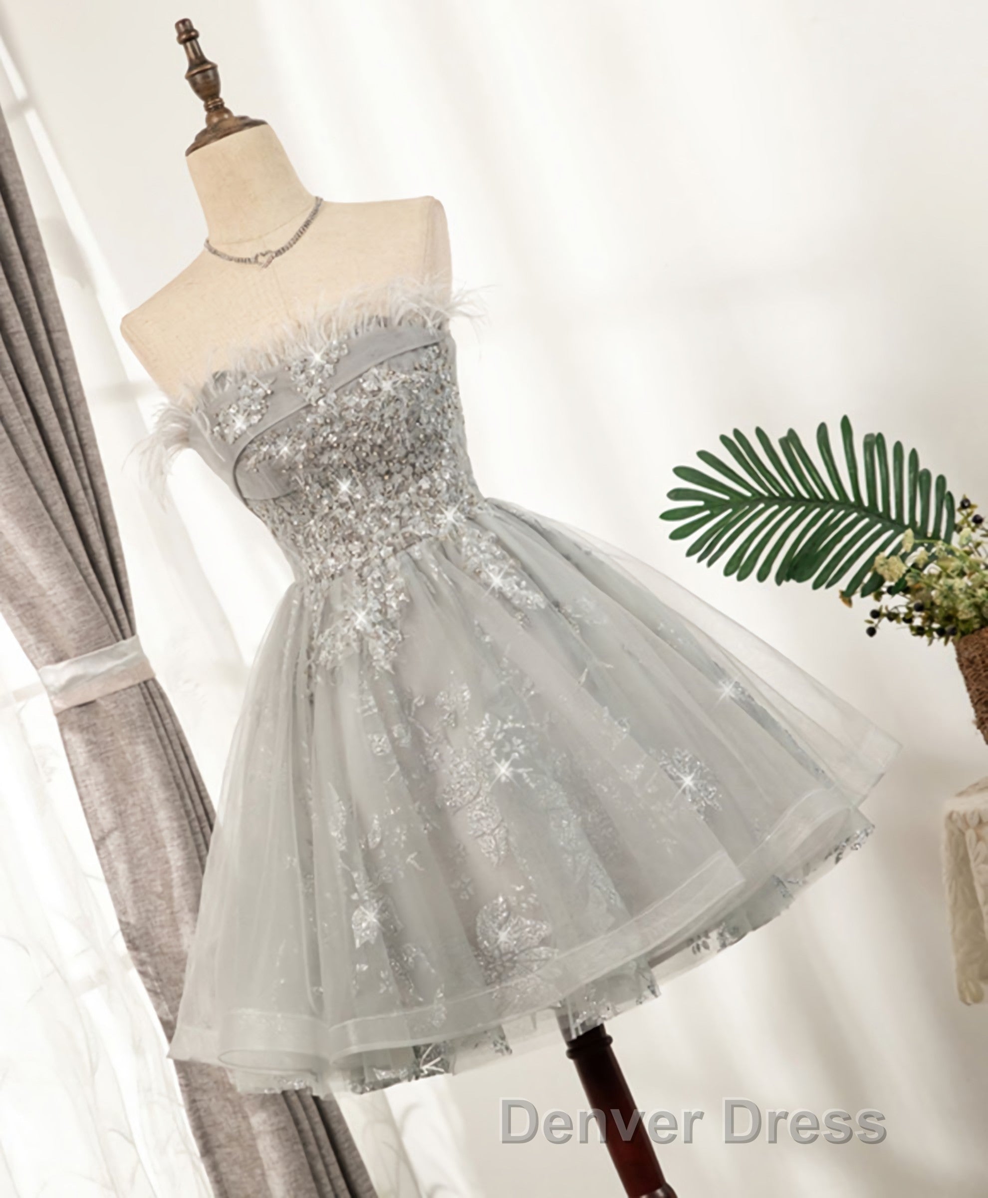 Gray Sweetheart Lace Tulle Short Prom Dress, Gray Cocktail Dresses