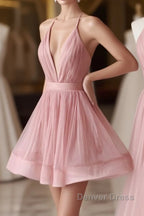 Simple Pink Tulle Short Prom Dress, Pink Cocktail Dresses