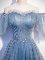 Blue Sweetheart Tulle Sequin Long Prom Dress, Blue Prom Dresses, 1