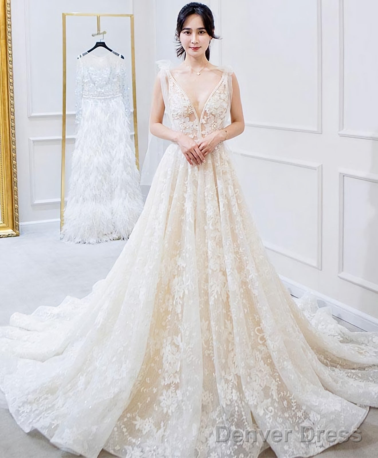White V Neck Lace Long Prom Dress White Lace Wedding Dresses