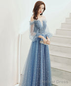 Blue Round Neck Tulle Sequin Long Prom Dress Tulle Evening Dress