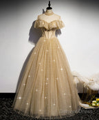 Gold Tulle Sequin Long Prom Dress, Gold Tulle Bridesmaid Dresses