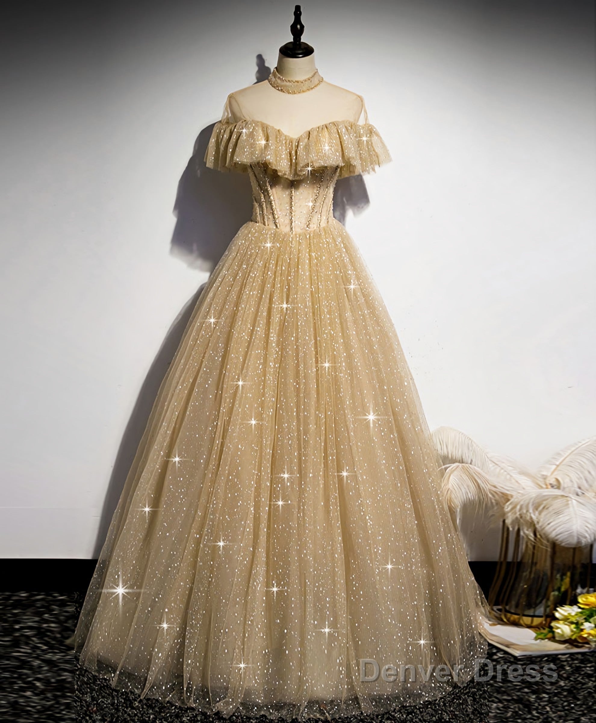 Gold Tulle Sequin Long Prom Dress, Gold Tulle Bridesmaid Dresses