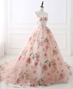 Pink Round Neck Tulle Lace Long Prom Dresses, Pink Long Prom Gowns