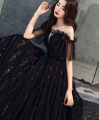 Black Tulle Off Shoulder Long Prom Dress, Black Prom Dresses