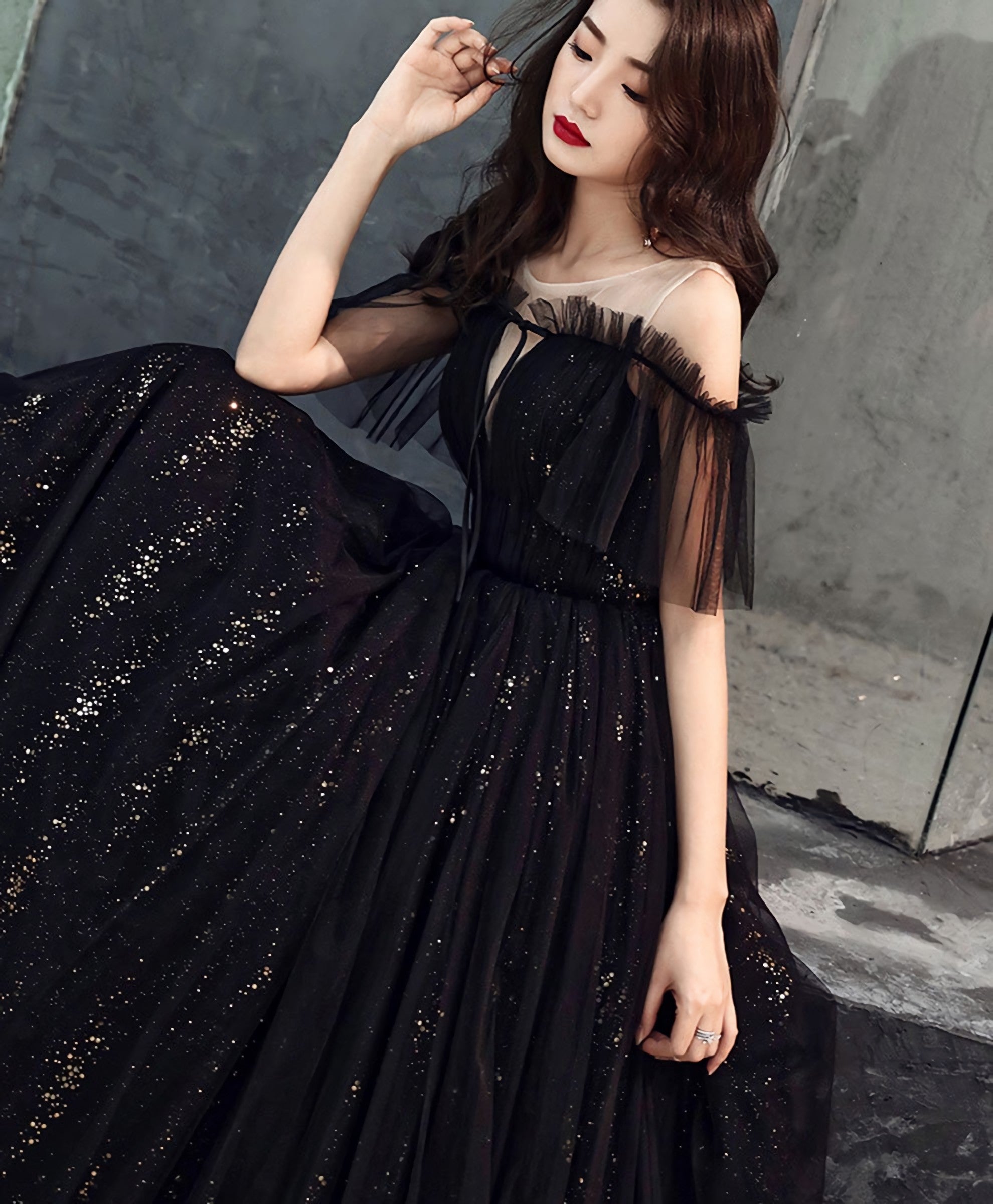 Black Tulle Off Shoulder Long Prom Dress, Black Prom Dresses