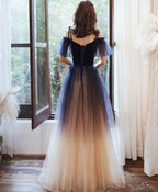 Blue Sweetheart Tulle Off Shoulder Long Prom Dress, Blue Prom Dresses