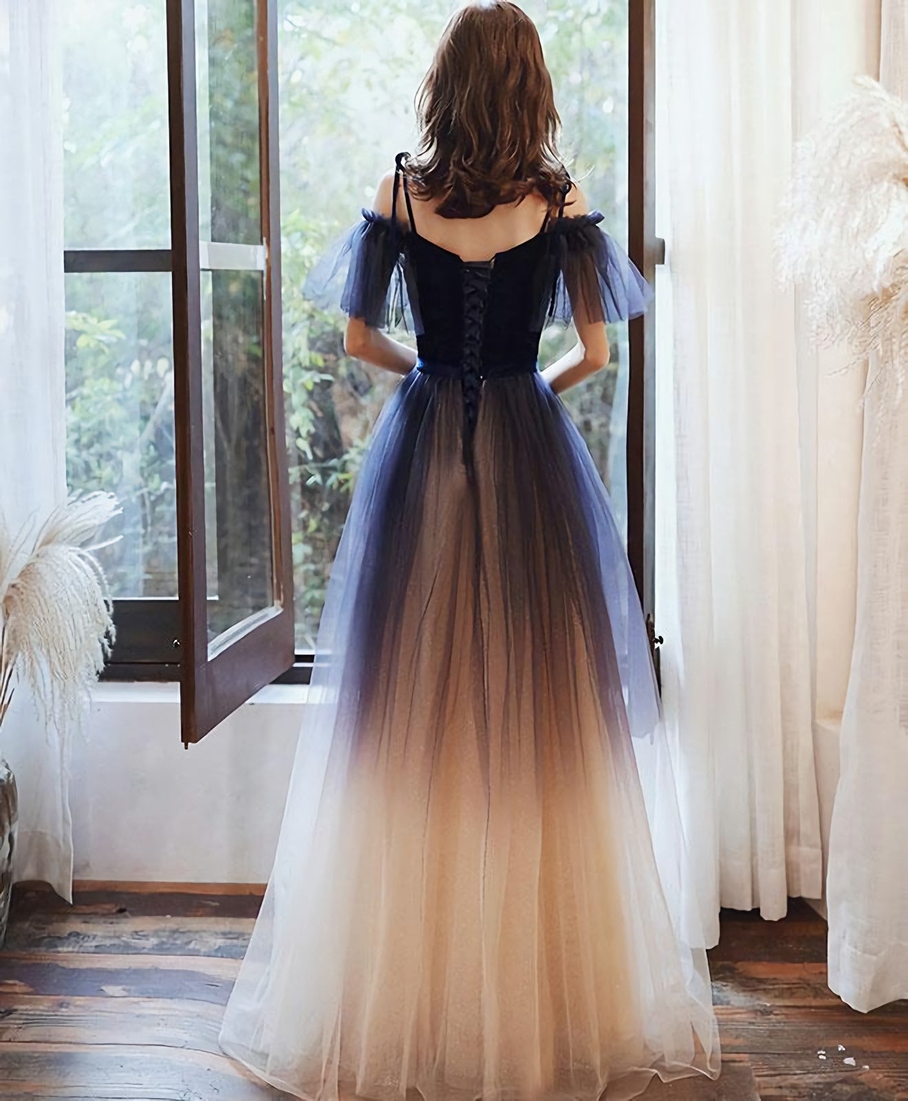 Blue Sweetheart Tulle Off Shoulder Long Prom Dress, Blue Prom Dresses
