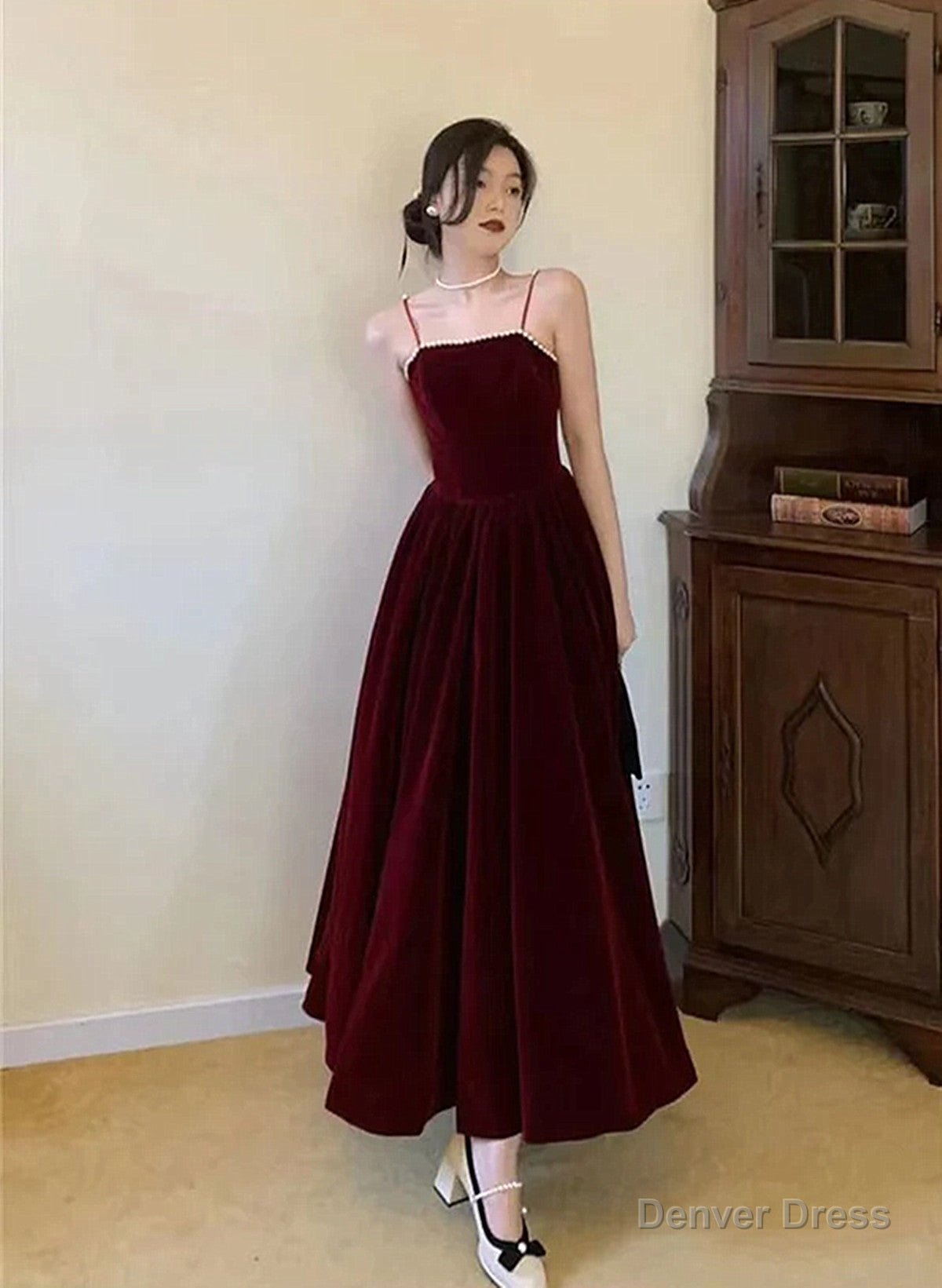 A Line Straps Wine Red Velvet Long Prom Dress, Wine Red Prom Dresses Secondary image