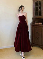 A Line Straps Wine Red Velvet Long Prom Dress, Wine Red Prom Dresses