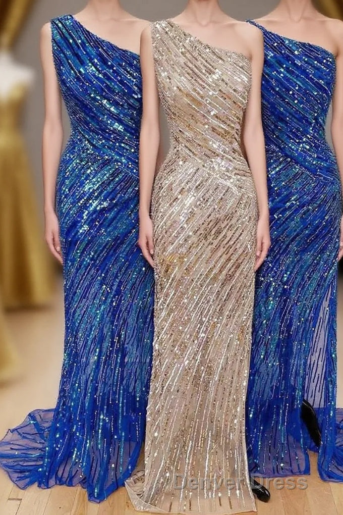 Sequins One-Shoulder Mermaid Long Prom Dresses with Slit Main image