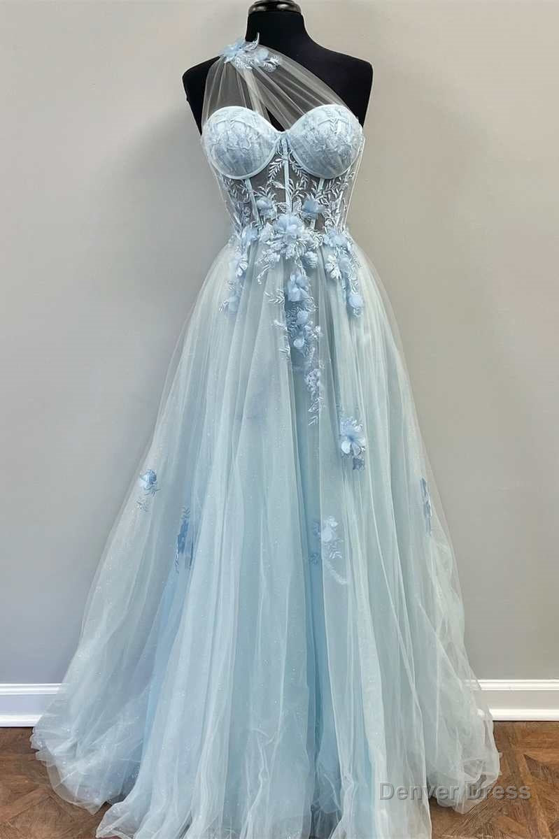 One-Shoulder Light Blue Tulle 3D Floral Lace A-Line Prom Dress Main image