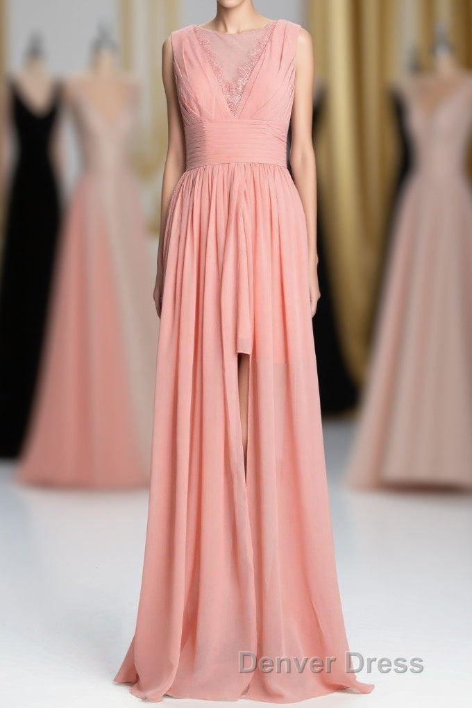 Coral A Line Chiffon Empire Long Bridesmaid Dresses Main image