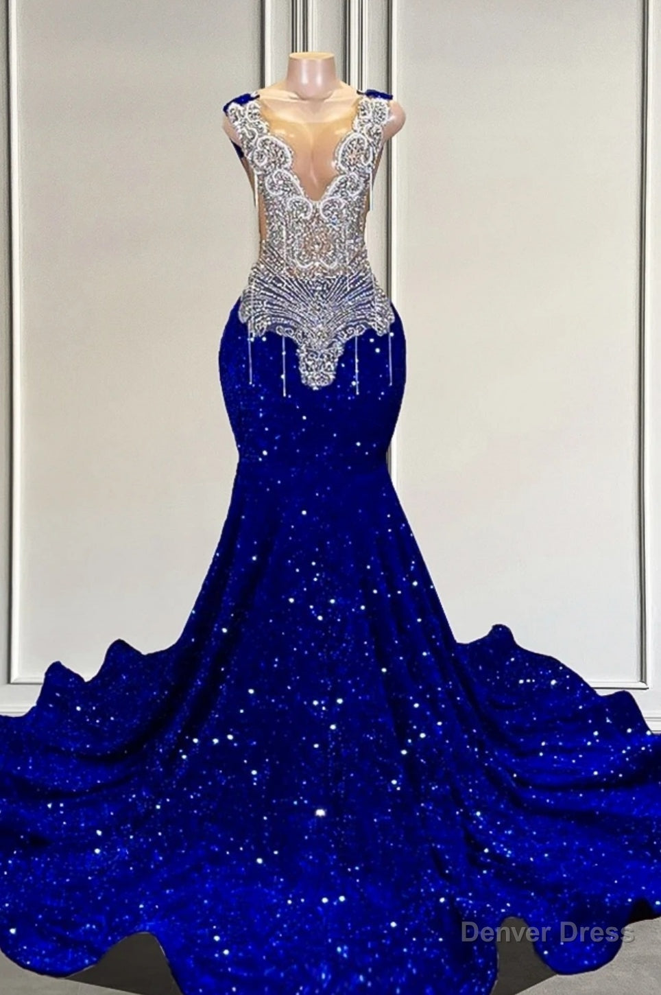 Royal Blue sequin Silver Beaded Mermaid Long V Neck Prom Dresses