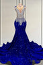 Royal Blue sequin Silver Beaded Mermaid Long V Neck Prom Dresses