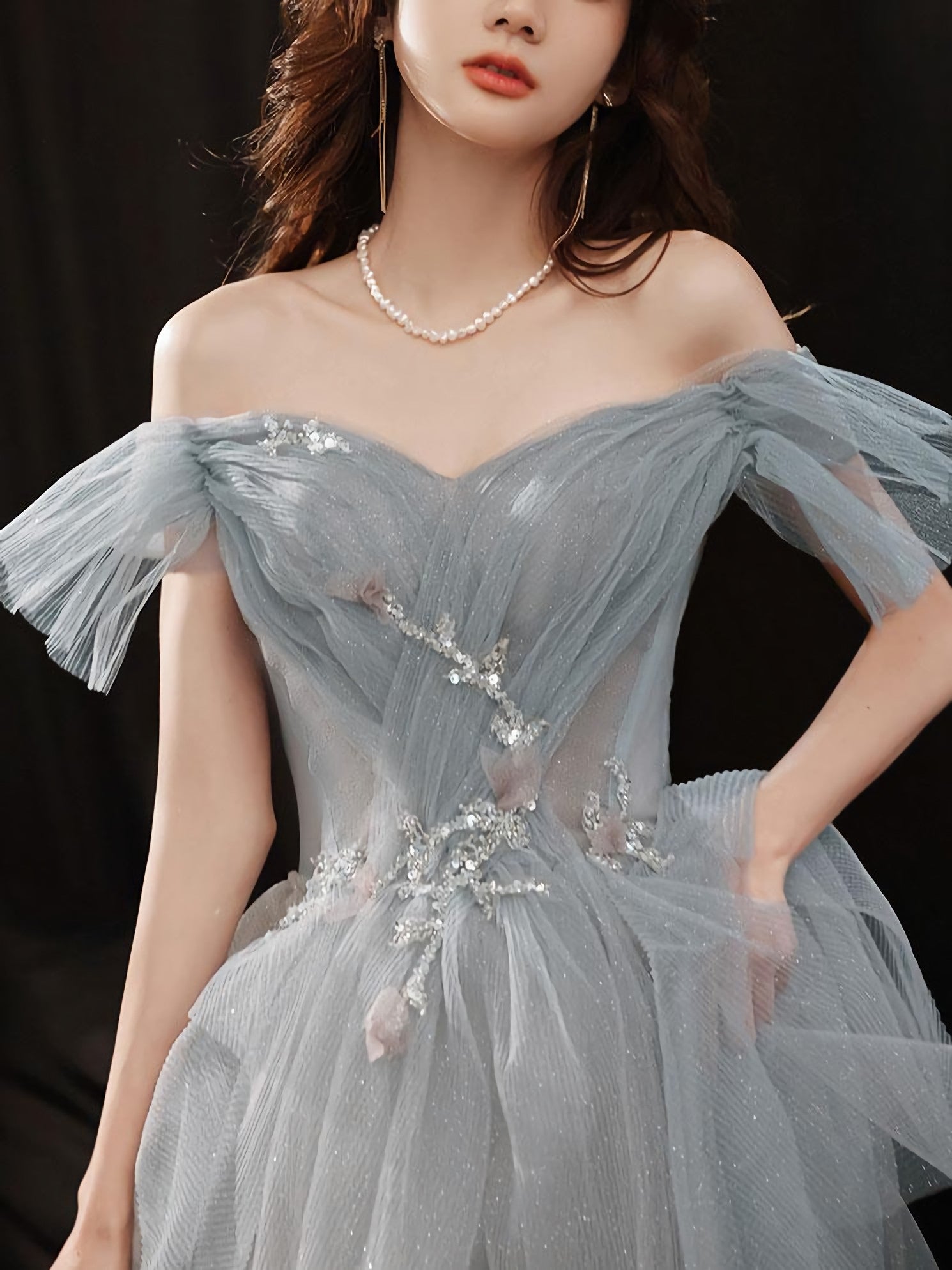 Gray Blue Sweetheart Neck Tulle Long Prom Dress Gray Prom Dresses