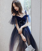 Blue Sweetheart Tulle Off Shoulder Long Prom Dress, Blue Prom Dresses