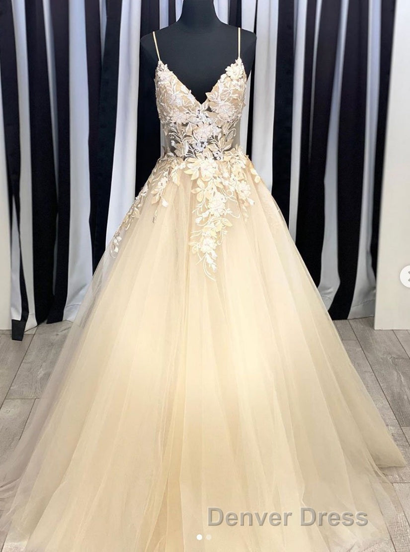 Champagne V Neck Tulle Lace Long Prom Dresses Evening Dresses Secondary image