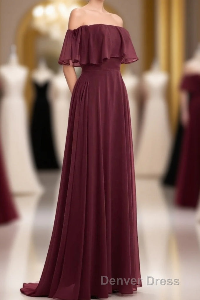 Burgundy Chiffon Strapless Ruffled A Line Long Bridesmaid Dresses