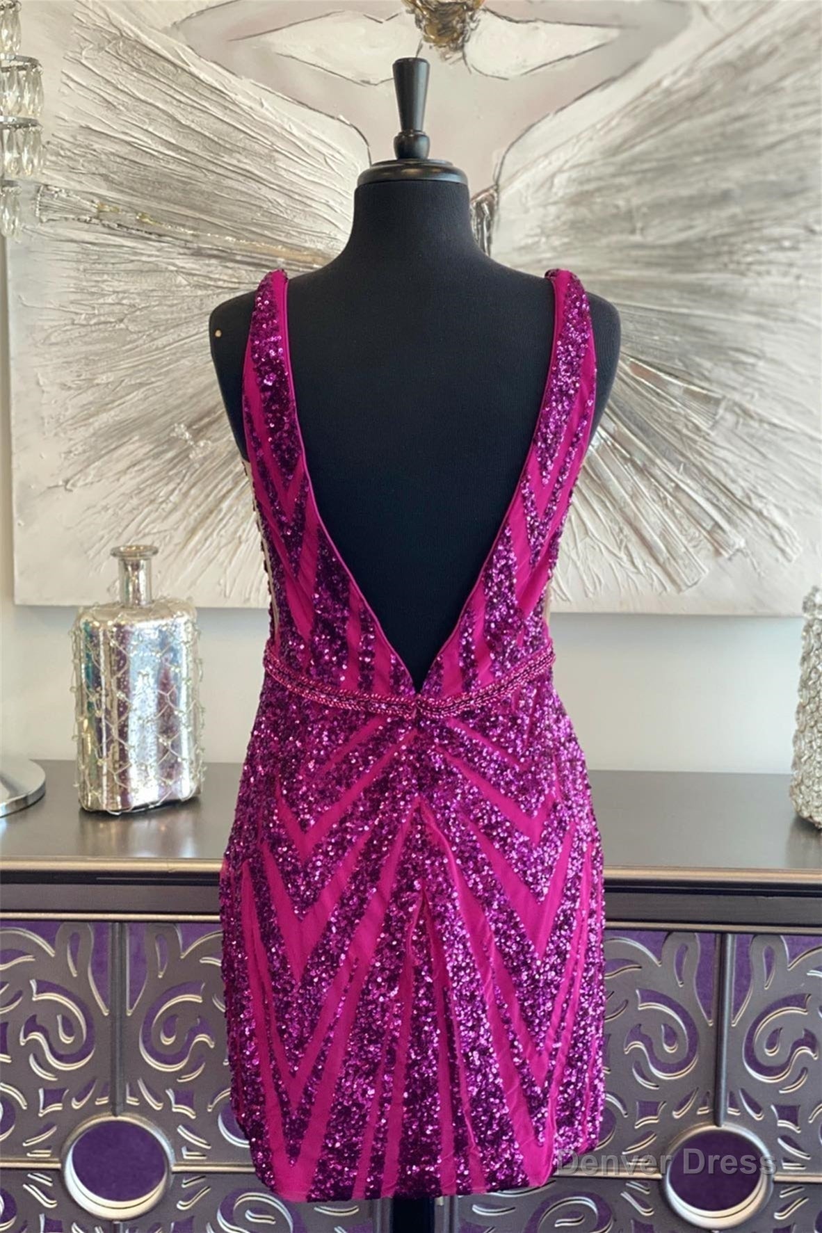 Fuchsia Plunging V Neck Sequins-Embroidery Sheath Homecoming Dress Secondary image