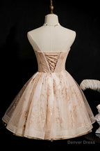 Champagne Beaded Strapless Lace Up Short Homecoming Dresses