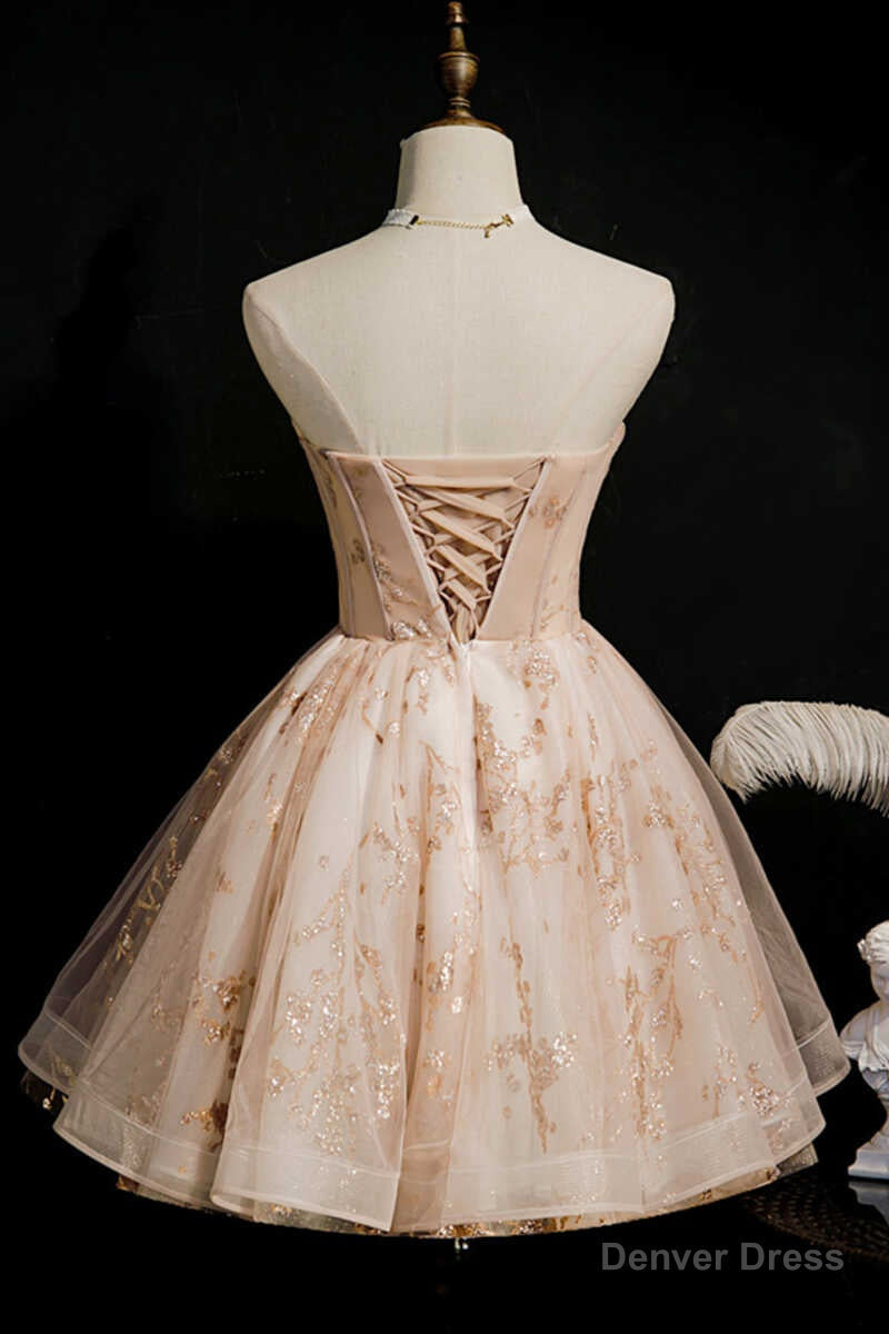 Champagne Beaded Strapless Lace Up Short Homecoming Dresses