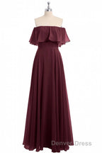 Burgundy Chiffon Strapless Ruffled A Line Long Bridesmaid Dresses