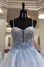 Light Blue Straps Layers Floral A Line Long Prom Dresses