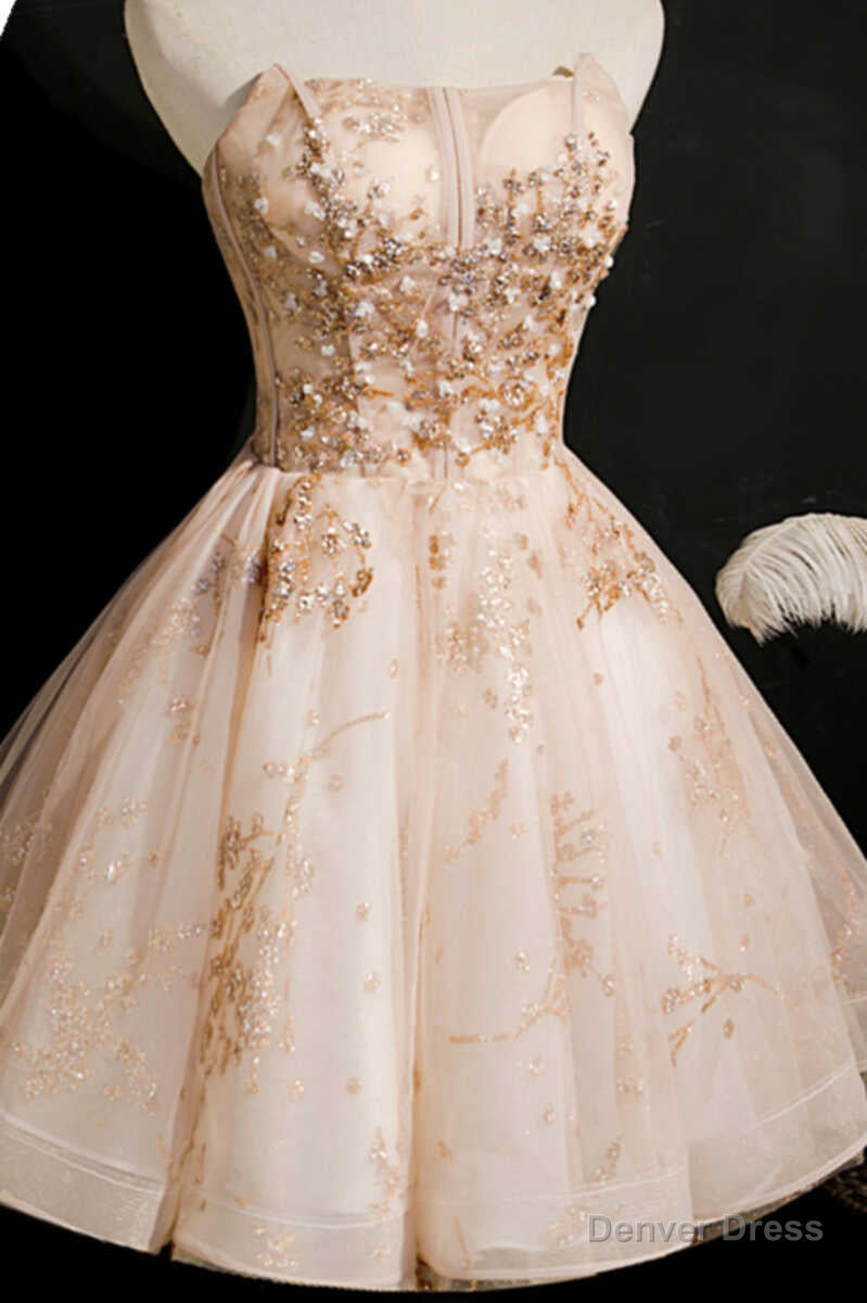 Champagne Beaded Strapless Lace Up Short Homecoming Dresses