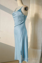 Ice Blue Cowl Neck Mid Calf Length Bridesmaid Dresses