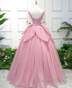 Pink V Neck Tulle Lace Applique Long Prom Dress, Pink Prom Dresses, 1