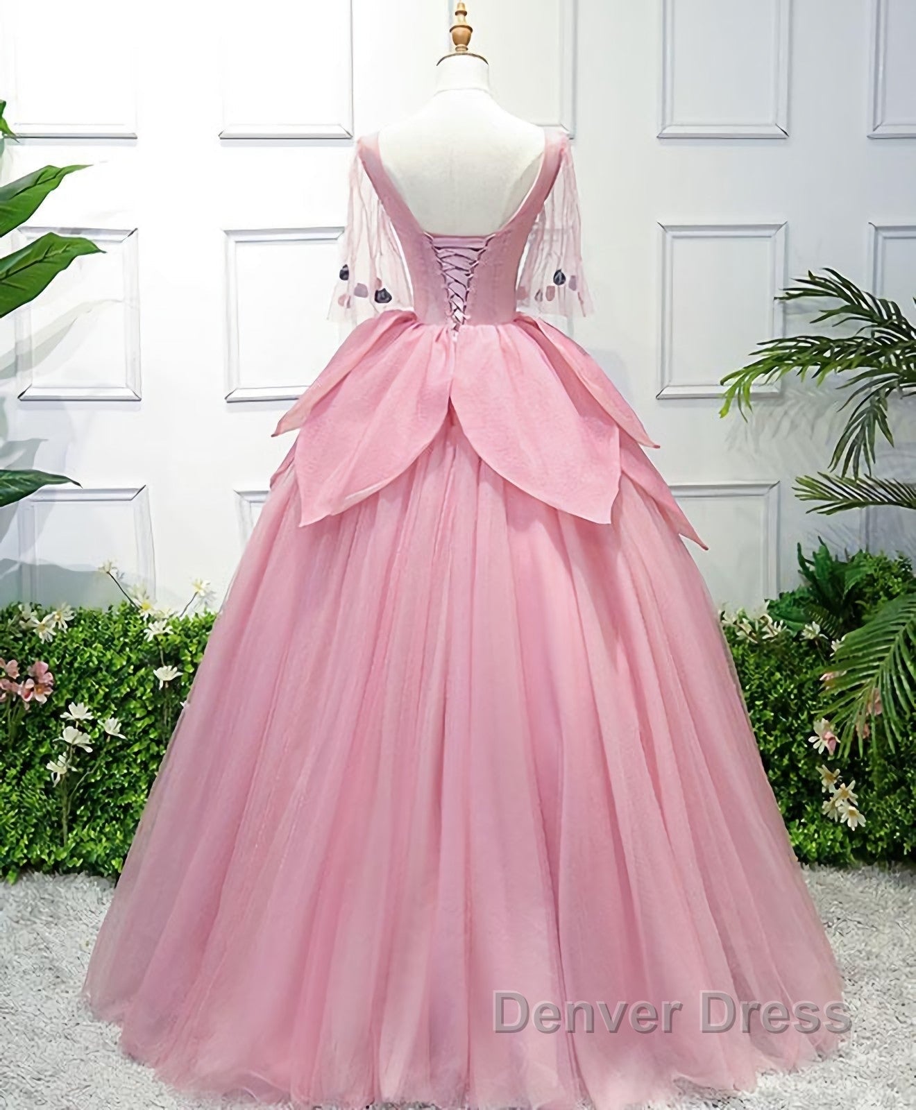 Pink V Neck Tulle Lace Applique Long Prom Dress, Pink Prom Dresses, 1