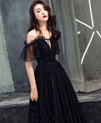 Black Tulle Off Shoulder Long Prom Dress, Black Prom Dresses