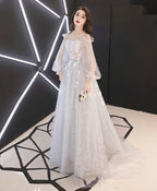 Gray Tulle Lace Long Prom Dress Gray Tulle Prom Dresses 3