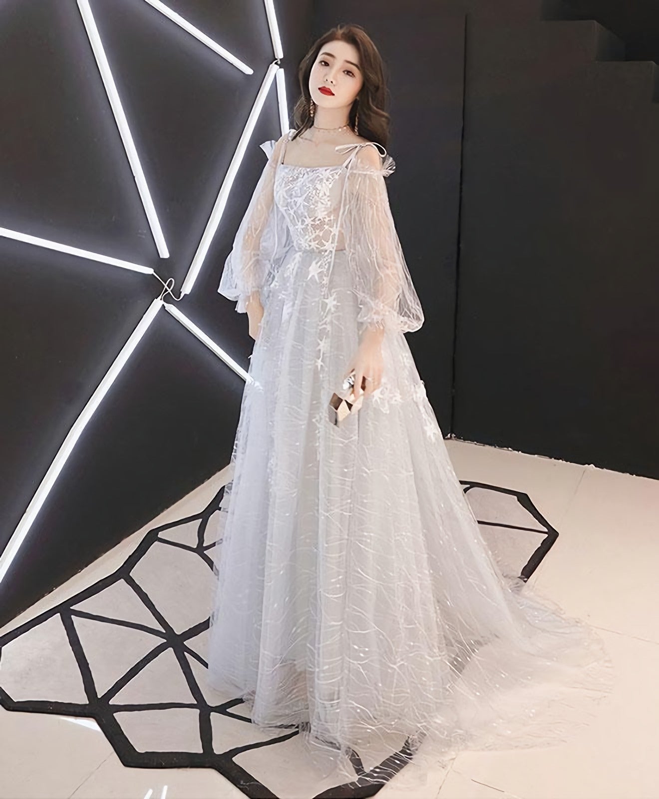 Gray Tulle Lace Long Prom Dress Gray Tulle Prom Dresses 3