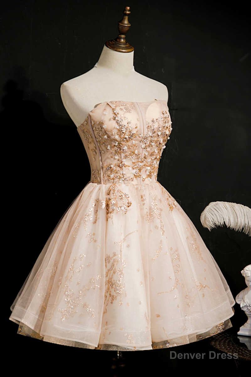 Champagne Beaded Strapless Lace Up Short Homecoming Dresses