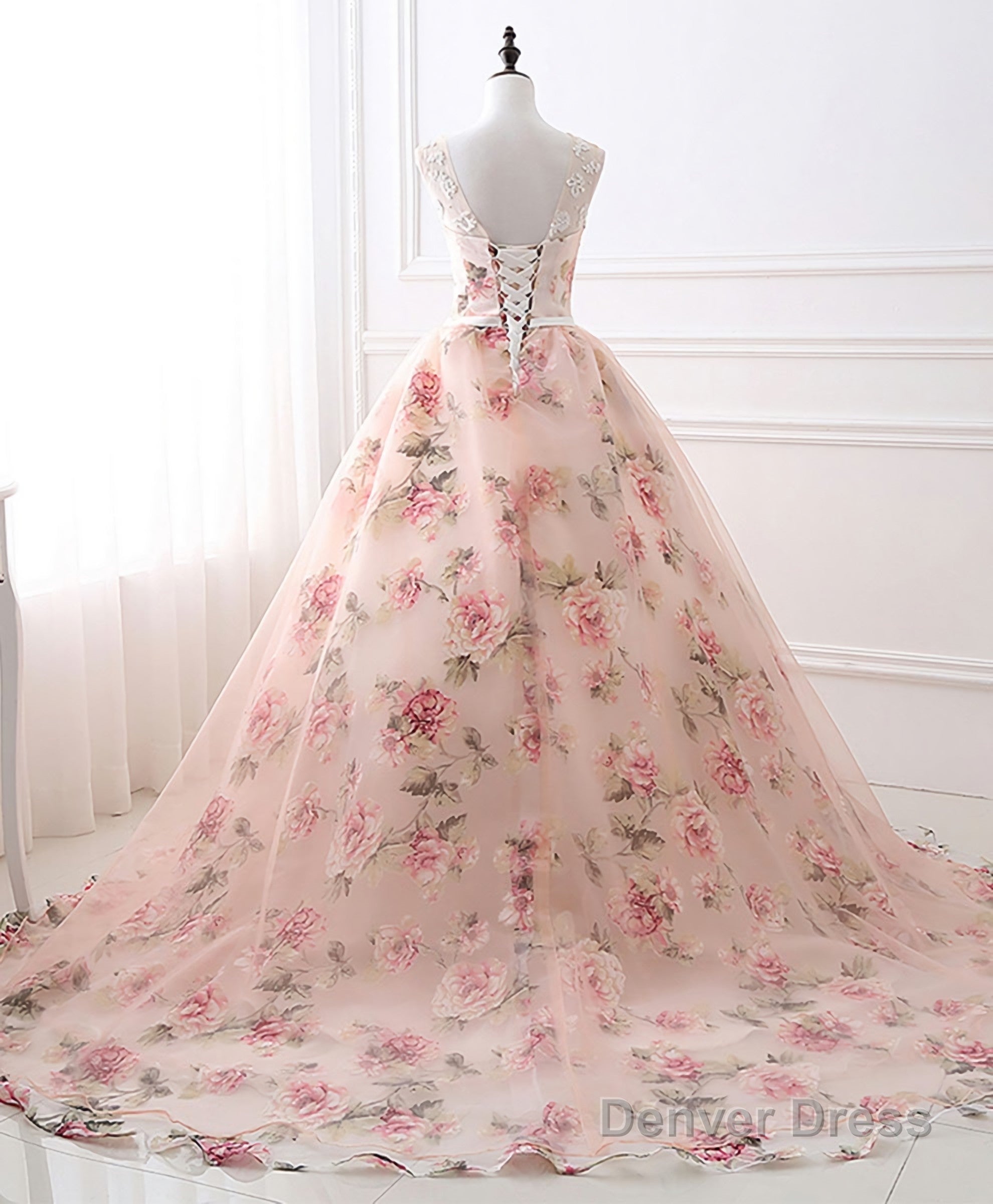 Pink Round Neck Tulle Lace Long Prom Dresses, Pink Long Prom Gowns