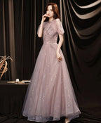 Pink Tulle Lace Sequin Long Prom Dress Pink Prom Dresses