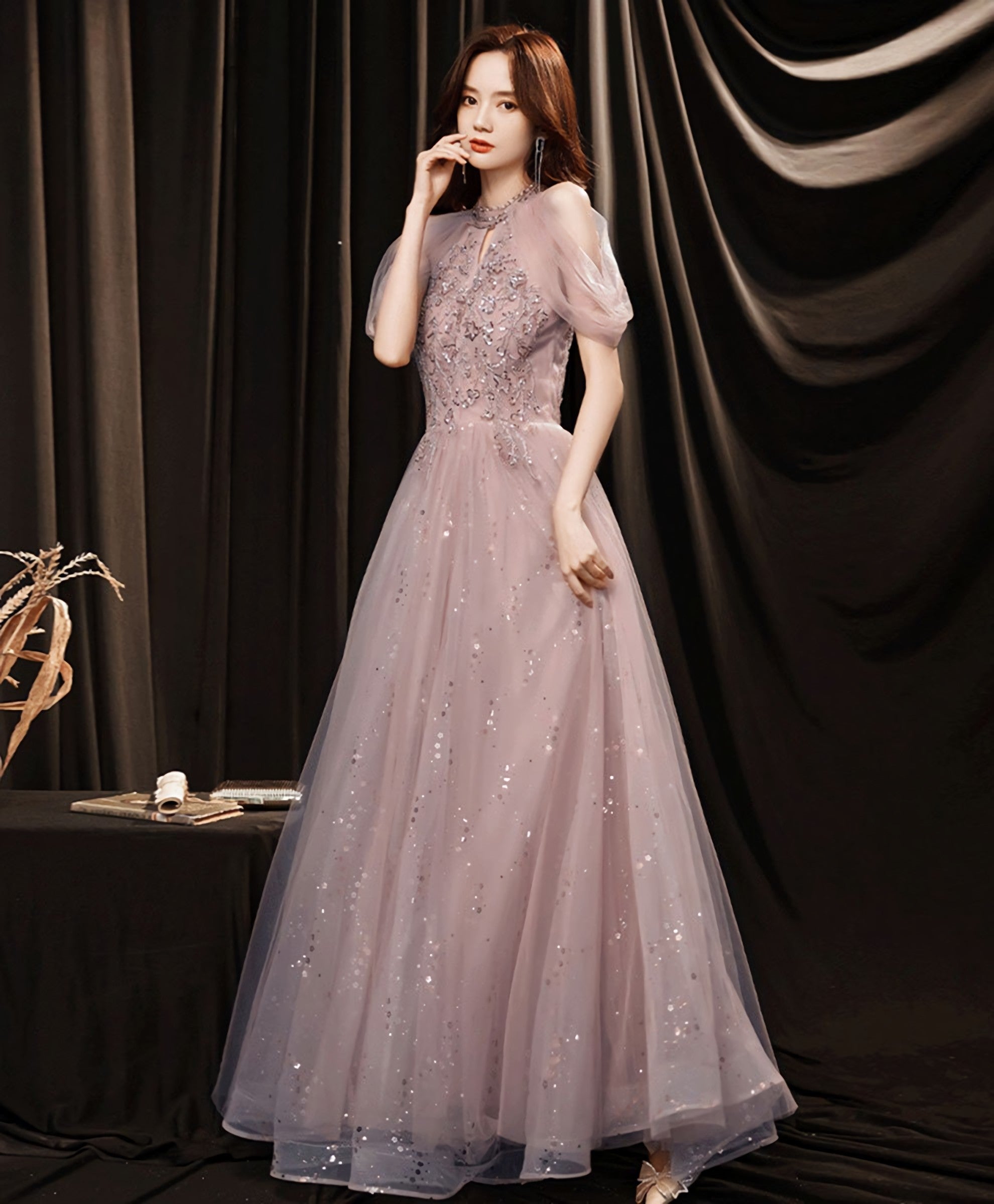 Pink Tulle Lace Sequin Long Prom Dress Pink Prom Dresses