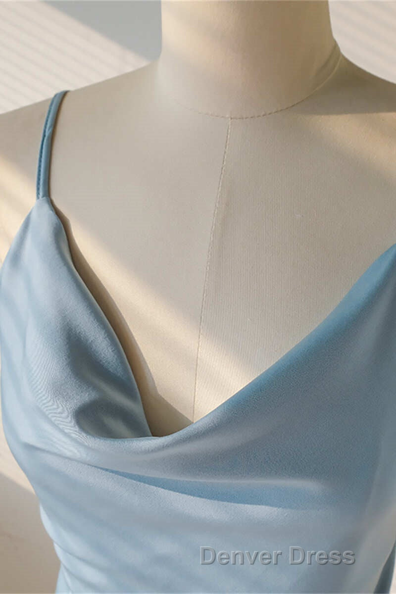 Ice Blue Cowl Neck Mid Calf Length Bridesmaid Dresses
