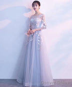Gray Round Neck Tulle Lace Applique Long Prom Dress Gray Prom Dresses